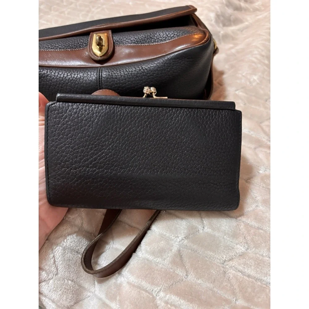 Vtg Dooney & Bourke AWL Navy Brwn Leather Satchel Crossbody Kiss Lock Wallet Set